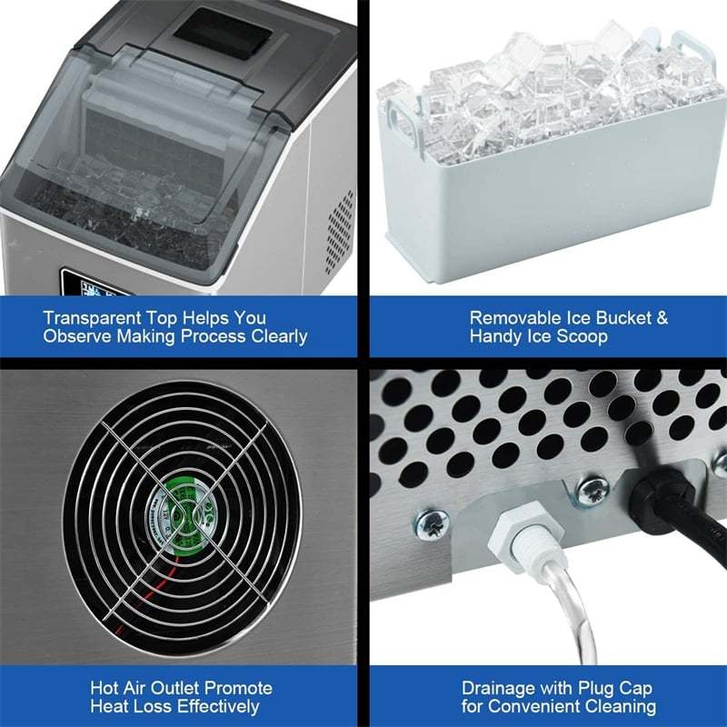 48LBS/24H Countertop Ice Maker, Portable Stainless Steel Ice Machine with Self-Cleaning, Timer Function, LCD Display, Ice Scoop & Basket
