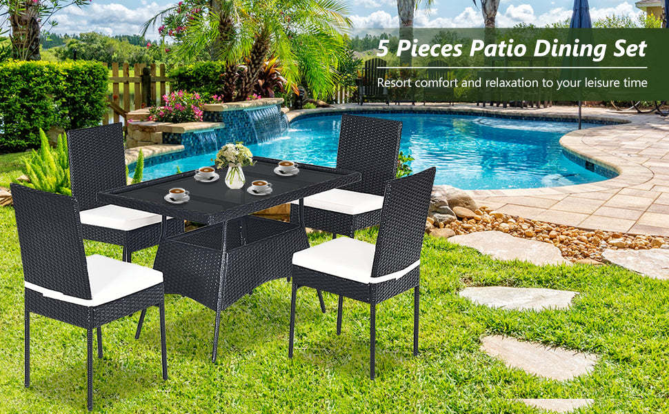 5 Pcs Wicker Patio Dining Set with Acacia Wood Table & Outdoor Rattan Chairs