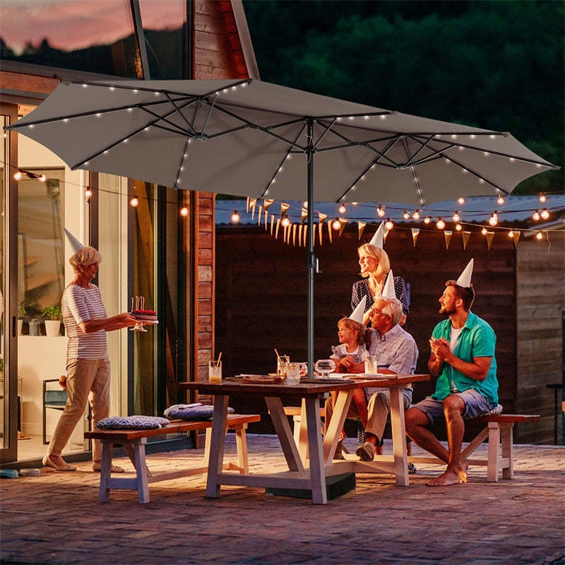 15 Feet Double-Sided Patio Umbrella with 48 LED Lights-Brown | Costway