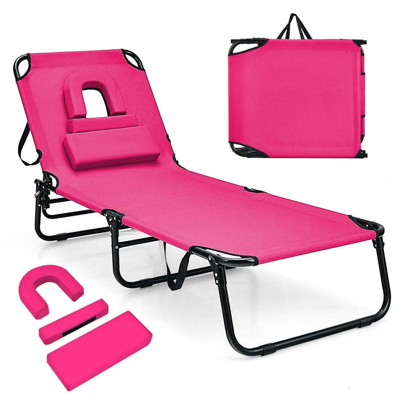 Folding Beach Chaise Lounge Chair, 5-Position Adjustable Sunbathing Recliner with Face Hole, Removable Pillows, Carry Strap, 350LB Support