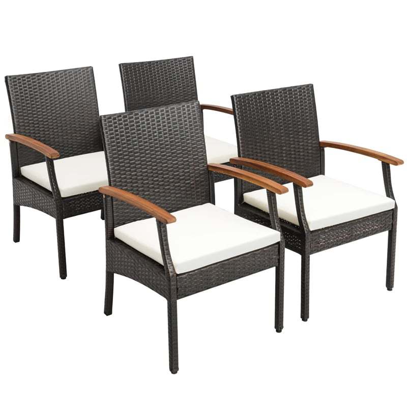 Patio PE Rattan Dining Chairs with Acacia Wood Armrests, Soft Zippered Cushions, Heavy-Duty Metal Frame Wicker Outdoor Armchairs for Balcony