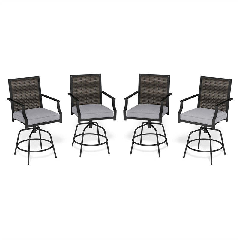 Outdoor PE Wicker Swivel Bar Stools Set of 2, Metal Counter Height Patio Chairs with Back & Cushions for Patio, Backyard & Poolside