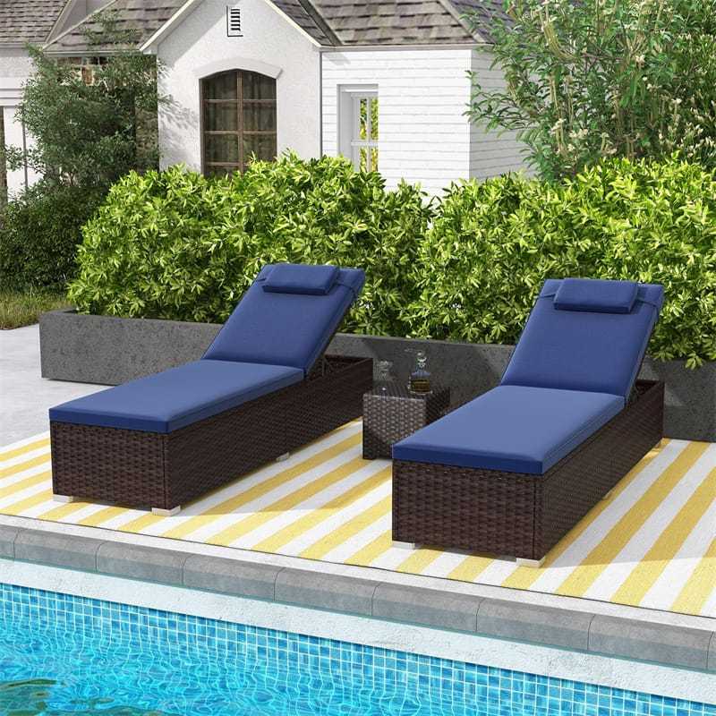 Patio Chaise Lounge, Outdoor Rattan Lounge Chair with 6-Level Adjustable Backrest, Cushion & Headrest, Metal Frame Backyard Reclining Chair