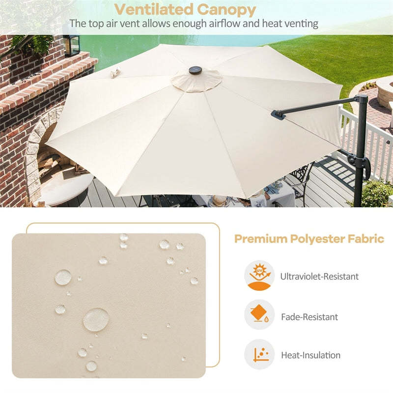 10 FT Patio Cantilever Tilt Umbrella Offset Umbrella with Solar Lights & Crossed Base