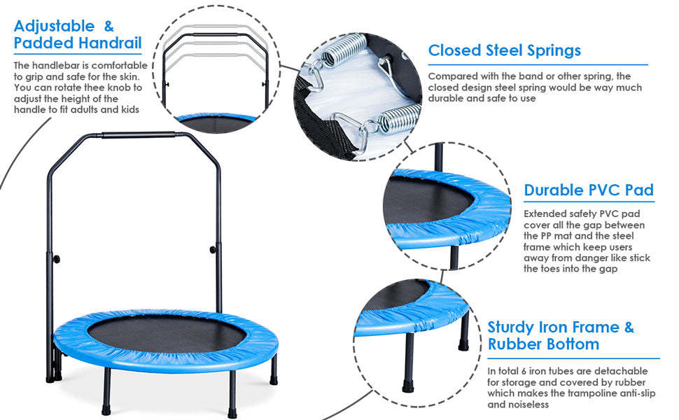 40" Foldable Mini Rebounder Trampoline with Adjustable Foam Handrail