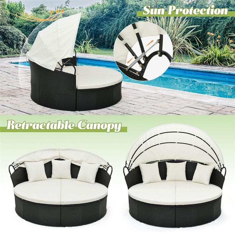 Outdoor Round Daybed with Retractable Canopy, Rattan Wicker Patio Furniture Clamshell Sectional Seating with Cushions & Pillows for Backyard