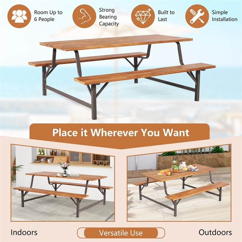 Acacia Wood Patio Picnic Table Bench Set Outdoor Dining Table with Umbrella Hole & Benches