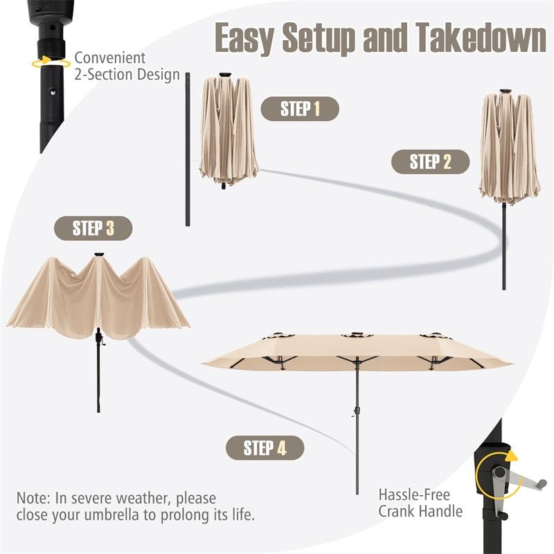 15.5FT Extra Large Patio Umbrella with 144 Solar LED Lights & Crank Handle, 12 Heavy-Duty Ribs Double-Sided Market Umbrella for Deck, Poolside