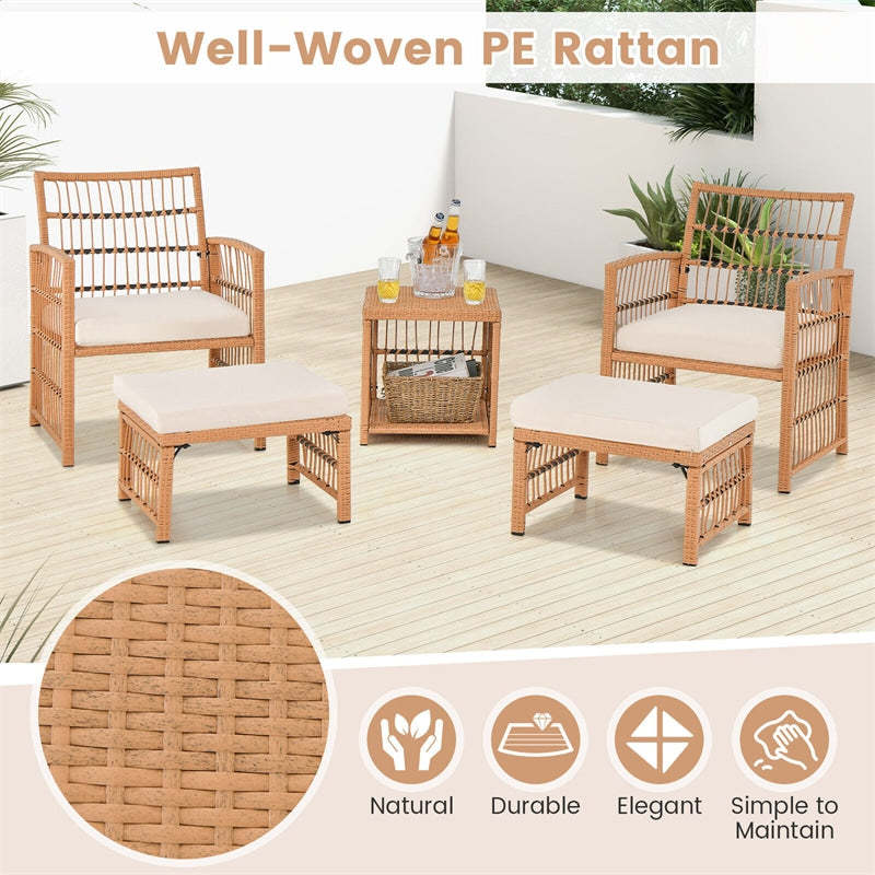5 Piece Patio Rattan Wicker Conversation Set Outdoor Cushioned Furniture Set with 2-Tier Coffee Table & 2 Ottomans