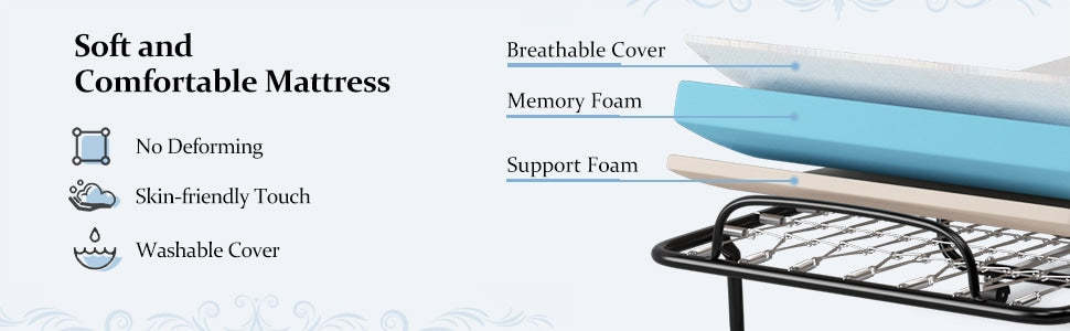 Rollaway Folding Bed Portable Guest Bed with 4 Inch Memory Foam Mattress - Metal Springs