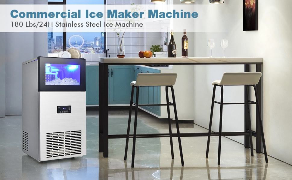 180LBS/24H Stainless Steel Commercial Ice Maker Machine with Self-Cleaning Function