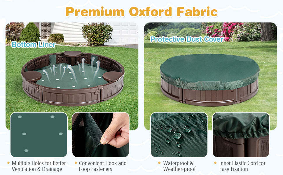 Kids Outdoor Playset Sandbox with Cover Detachable Corner Seats Bottom Liner - Round