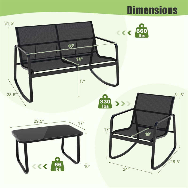 4 Piece Rocking Patio Furniture Set Outdoor Rocker Bistro Set Rocking Chairs & Loveseat with Glass Top Table for Balcony Porch Yard