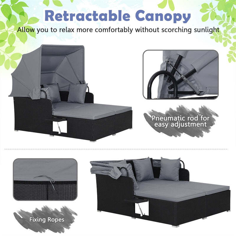 Outdoor Wicker Daybed, Hand-Woven Rattan Daybed with Retractable Canopy, 2 Side Tables, Soft Cushions, Chaise Loveseat for Garden Backyard
