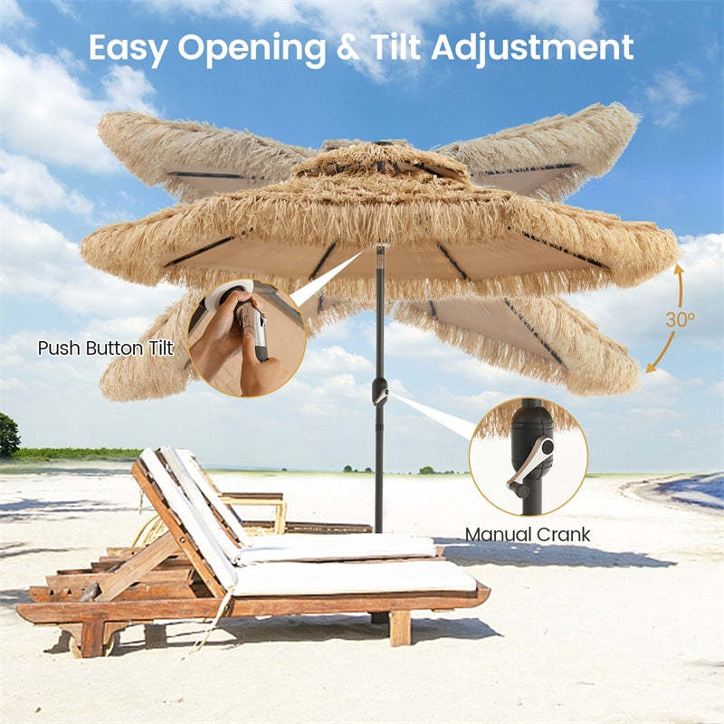 9FT Thatched Tiki Patio Umbrella Grass Beach Umbrella with Solar LED lights