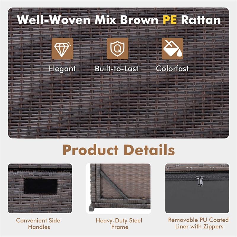 50 Gallon Wicker Deck Storage Box Patio Rattan Storage Container with 2 Universal Wheels & Zippered Liner