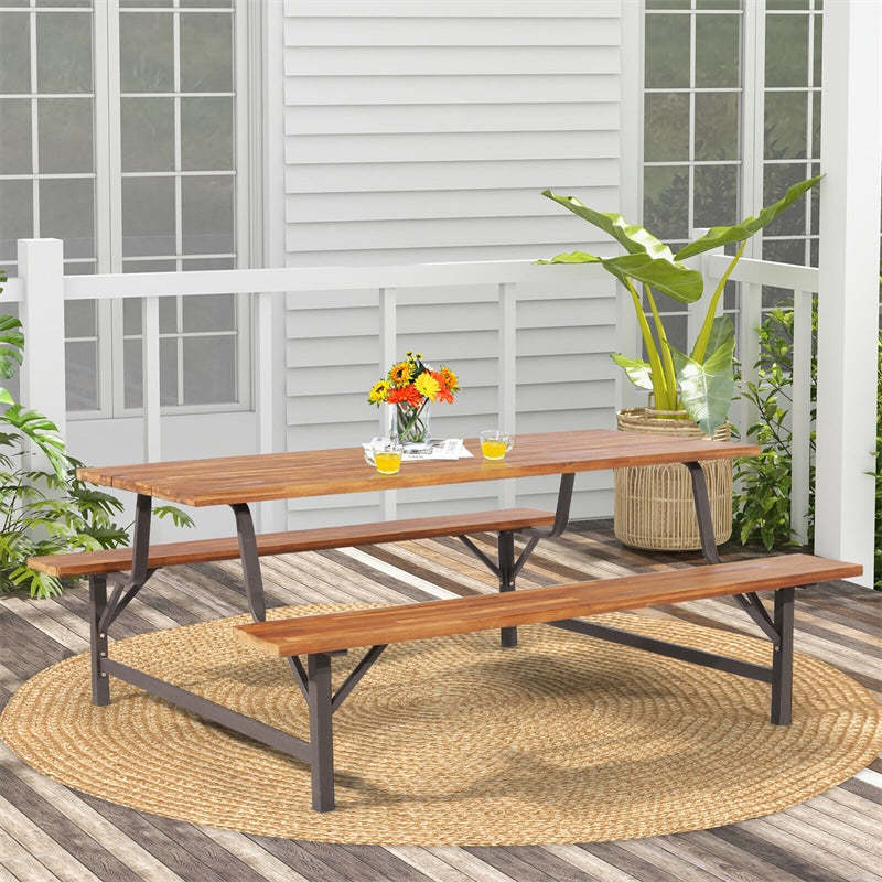Acacia Wood Picnic Table Bench Set for 4-6 Persons, 6FT Large Camping Table Outdoor Dining Table with Built-in Benches, Umbrella Hole, 800Lbs Capacity
