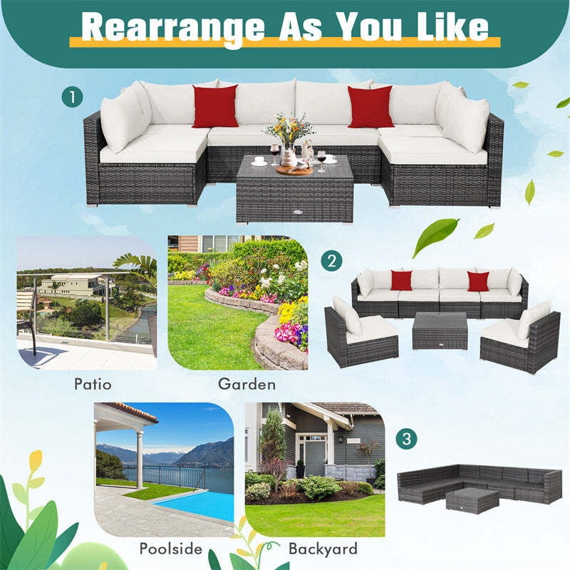 7PCS PE Rattan Modular Outdoor Sectional Set with Tempered Glass Top Table & Cushions, Patio Sofa Furniture for Backyard, Poolside Garden