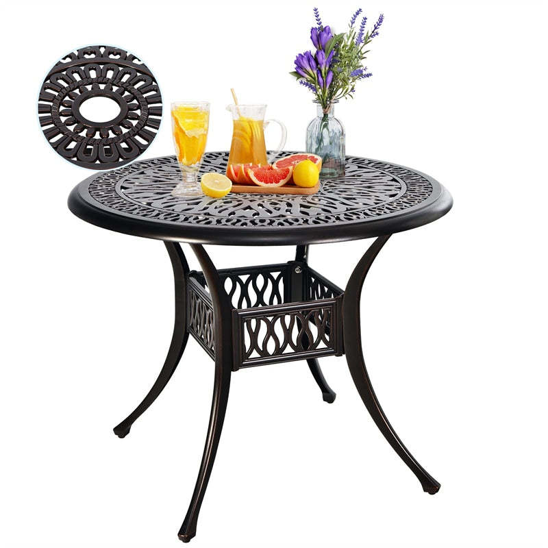 36" Cast Aluminum Bistro Table, Outdoor Round Dining Table with Umbrella Hole, Adjustable Footpads & Weather-Resistant for Backyard, Poolside, Garden