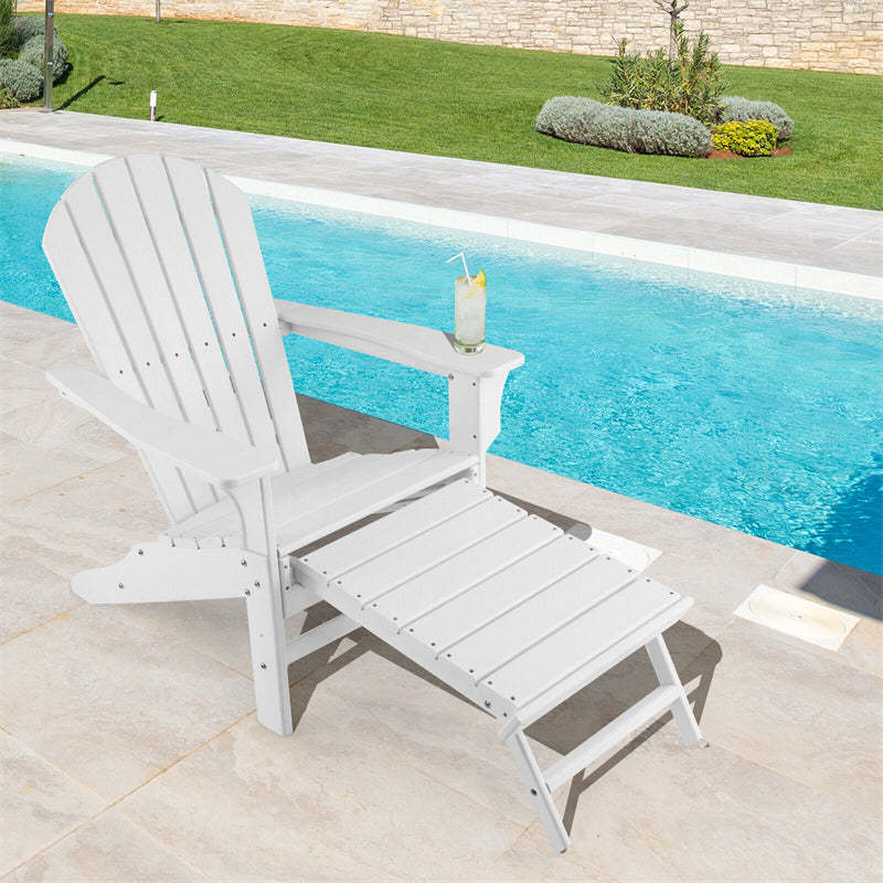 Outdoor HDPE Adirondack Chair, Weather Resistant Fire Pit Chair with Retractable Ottoman & 330 LBS Capacity for Patio, Backyard, Poolside
