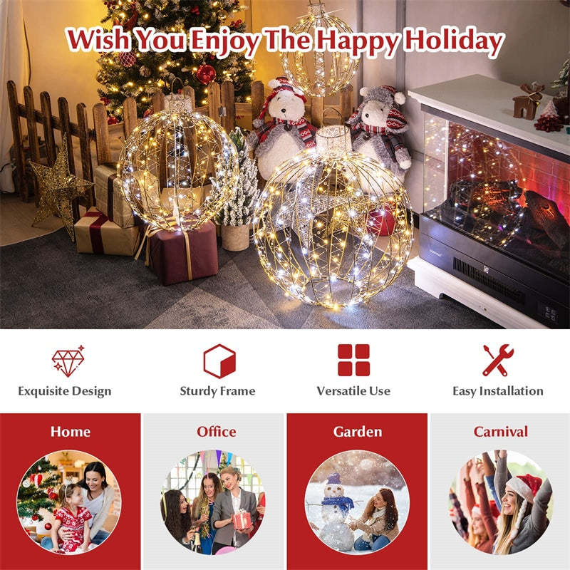 3 Pack Christmas LED Light Balls Holiday Lighted Decoration with 180 Warm White 180 White LED Lights