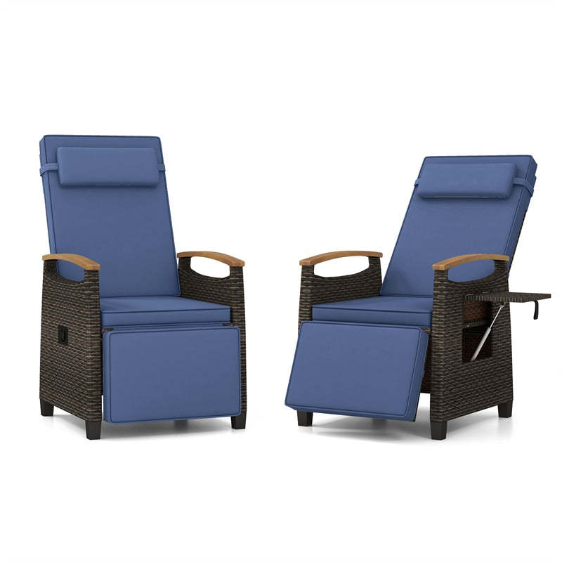 Outdoor Wicker Recliner Chair with Adjustable Backrest, Footrest, Flip Side Table & Cushion, Patio Rattan Chaise Lounge for Backyard Porch
