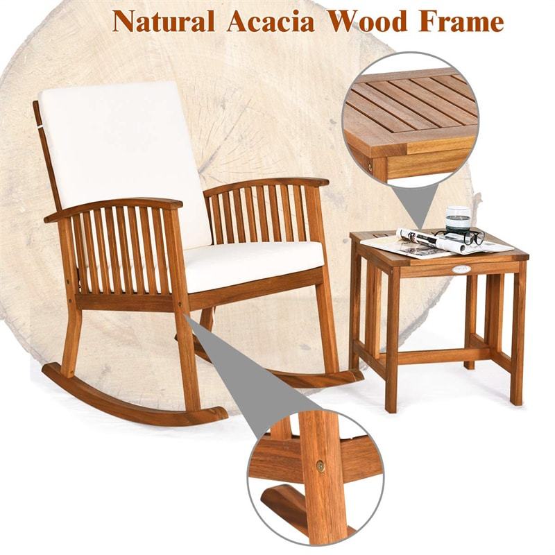 2-Piece Acacia Wood Rocking Bistro Set, Outdoor Rocking Chair with Coffee Table & Detachable Cushions for Patio, Backyard, Porch & Indoors