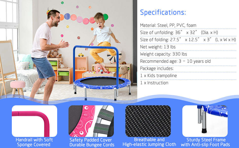36” Mini Kids Trampoline Foldable Rebounder Trampoline Outdoor Indoor Toddler Fitness Trampoline with Full Covered Handrail & Safety Pad