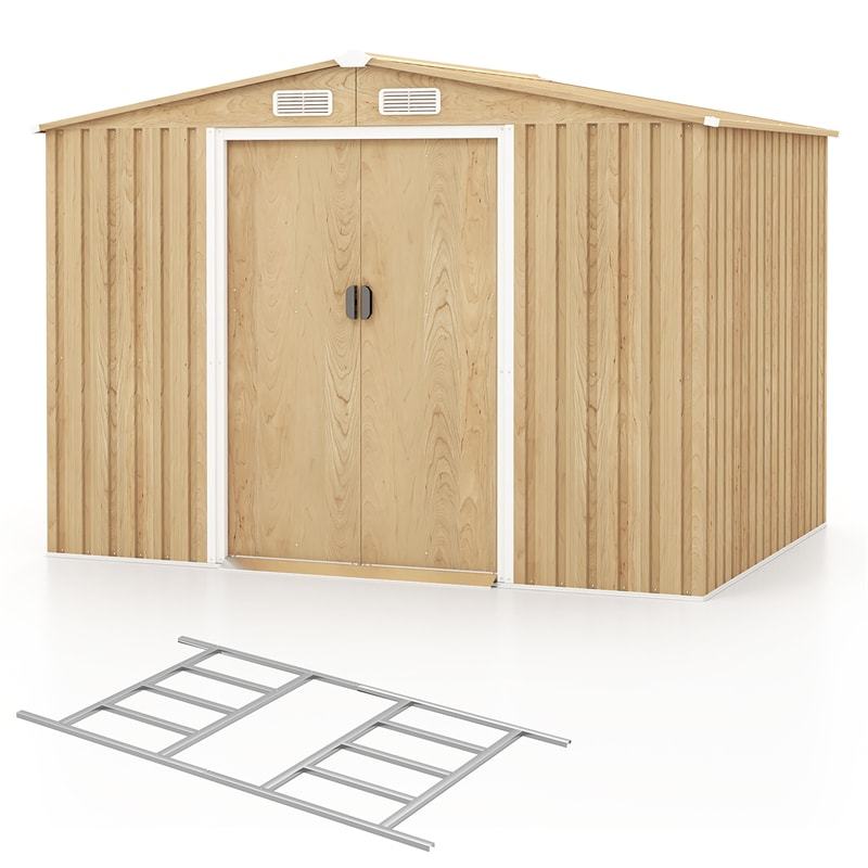 8' x 6' Outdoor Storage Shed, Woodgrain Galvanized Steel Garden Tool Shed with Base Floor & Lockable Sliding Door, Waterproof Shed for Patio Backyard