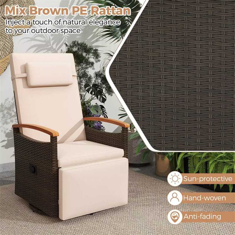 Outdoor 360° Swivel Rattan Recliner Chair with Adjustable Backrest & Footrest, Patio Wicker Chaise Lounge Chair with Flip Side Table & Cushion