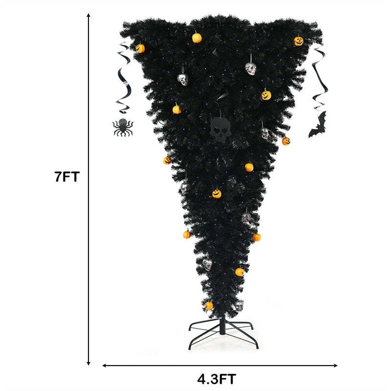 7FT Upside Down Artificial Christmas Tree Black Halloween Tree for Holiday Decorations with 400 Purple LED Lights