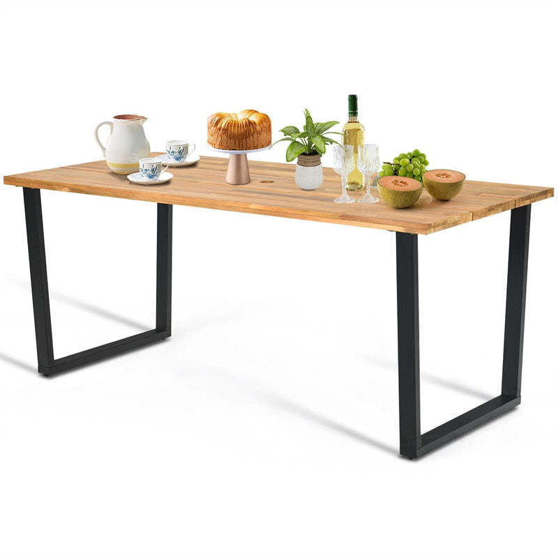 Acacia Wood Patio Dining Table 6 Person Rectangle Indoor Outdoor Table with 2” Umbrella Hole & Metal Legs