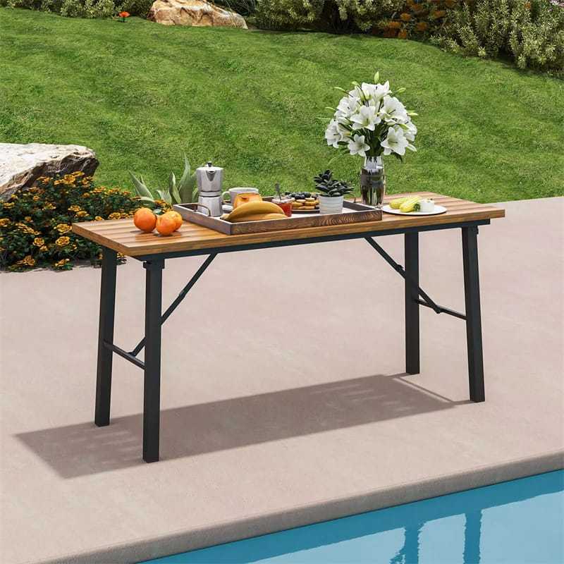 59" Outdoor Folding Picnic Table with Acacia Wood Top & Metal Frame, Portable Rectangular Dining Table for Garden, Yard, Patio & Indoor Activities