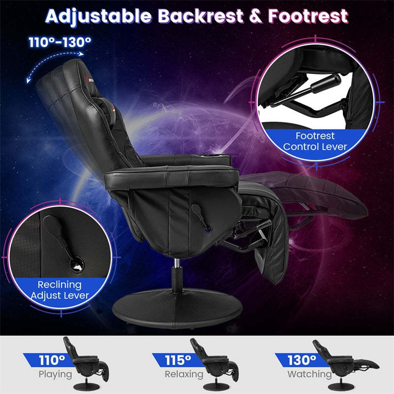 Gaming Recliner Adjustable Height Massage Gaming Chair with Retractable Footrest & Cup Holder, Ergonomic Swivel Video Game Chair Recliner Sofa