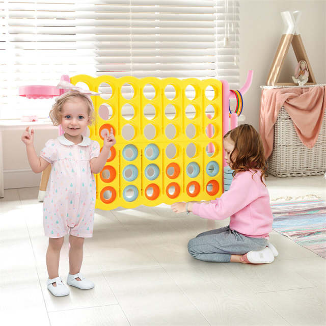 Giant 4-in-A-Row Game Set with 42 Jumbo Rings, Basketball Hoop, Quick-Release Slider, 2.5FT Indoor/Outdoor Connect Game for Kids & Adults