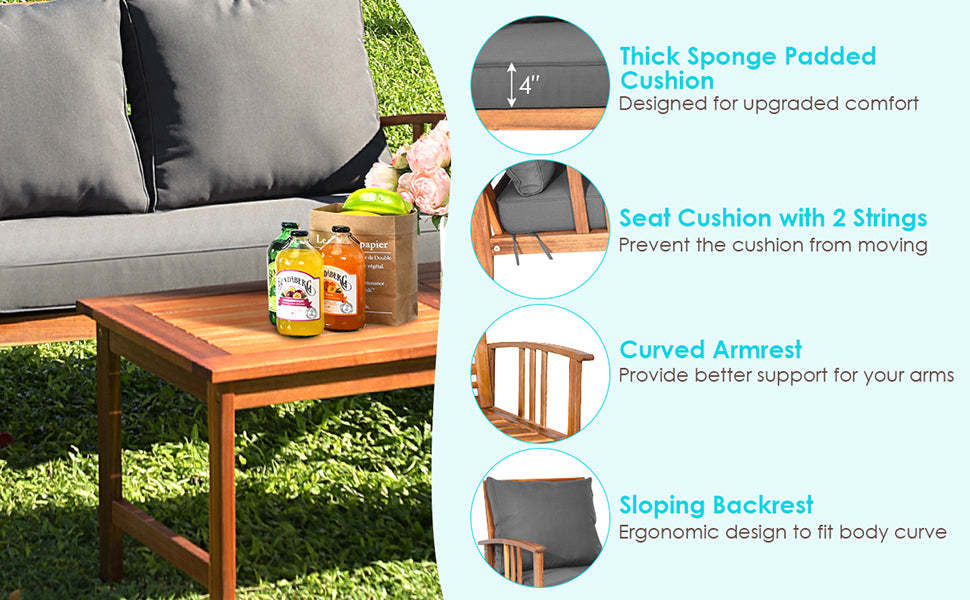 4 Piece Outdoor Acacia Wood Patio Conversation Set with Coffee Table