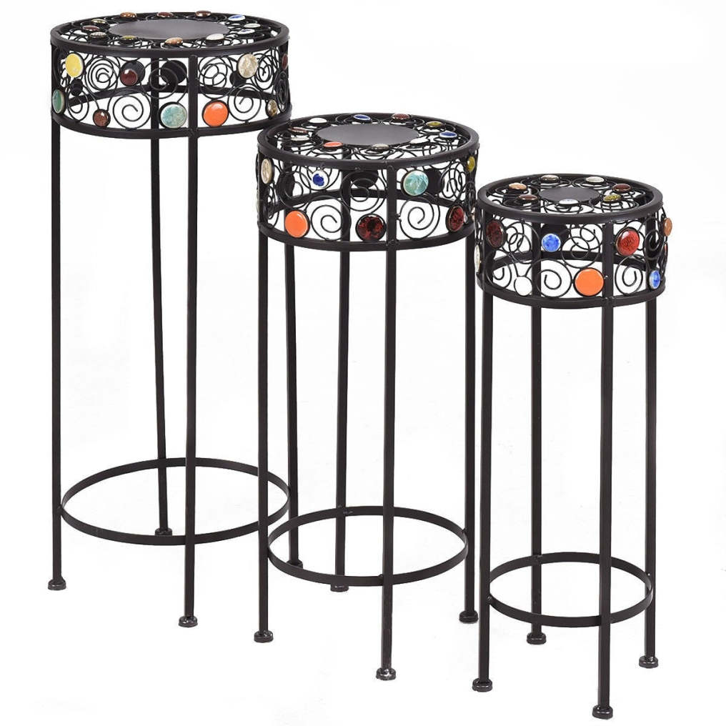 3 Pcs Round Metal Plant Stand Ceramic Beads Flower Display Rack