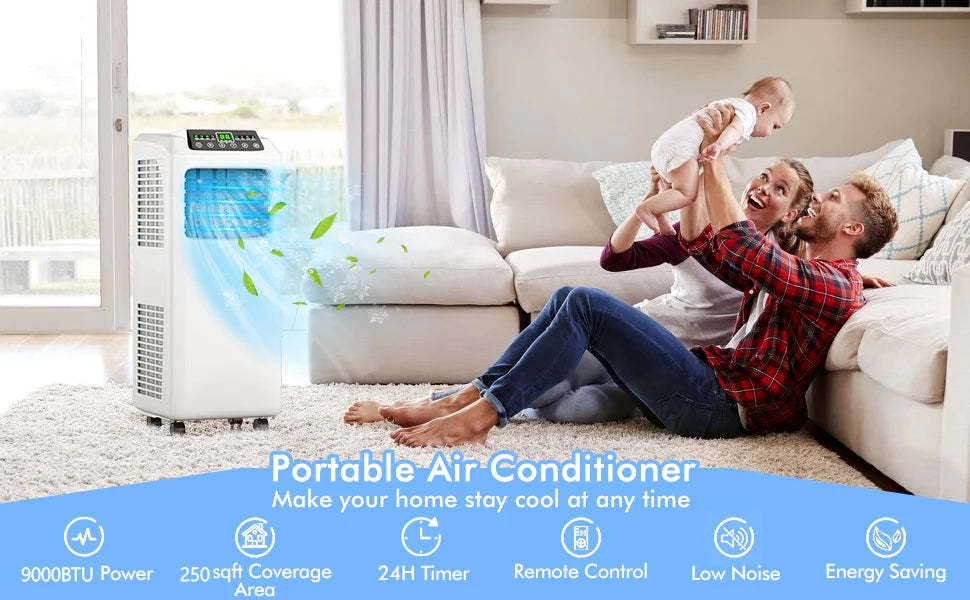 9000 BTU Portable Air Conditioner Energy-Saving 3-in-1 Air Cooler with Built-in Dehumidifier, Fan & Remote Control for Home Office