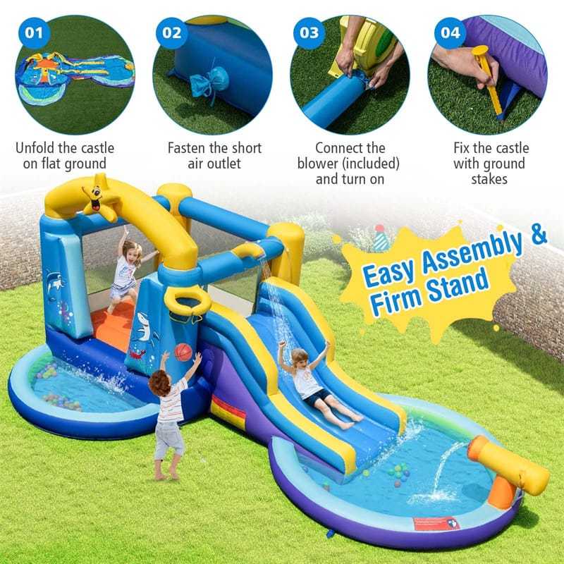 Inflatable Water Slide Ocean Theme Bounce House Water Park with Surfing Slide, 2 Splash Pools, 735W Blower, Water Cannon for Kids Indoor Outdoor Party