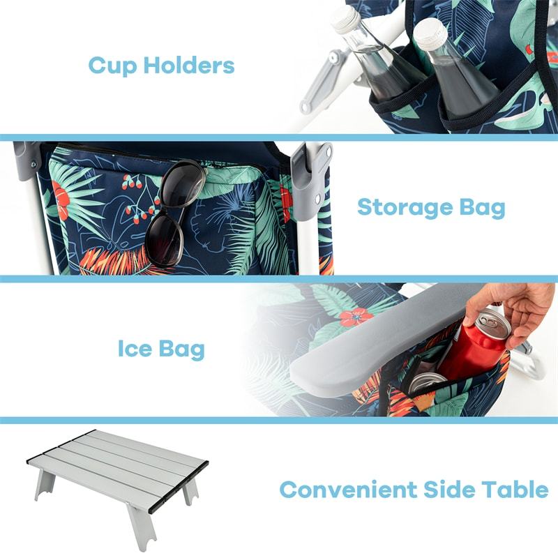 3PCS Folding Backpack Beach Chairs with Side Table, Cooler Bag, Cup Holder, 5-Position Reclining Beach Chairs for Camping Sunbathing