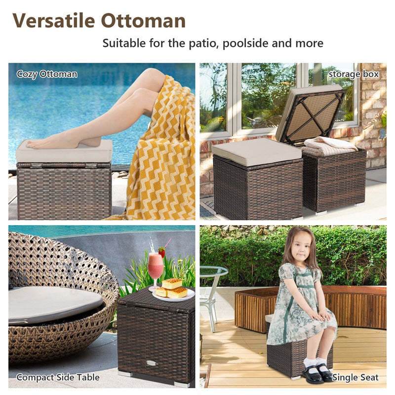 2PCS Patio Rattan Ottomans Wicker Outdoor Footstools with Removable Cushions & Hidden Storage Space