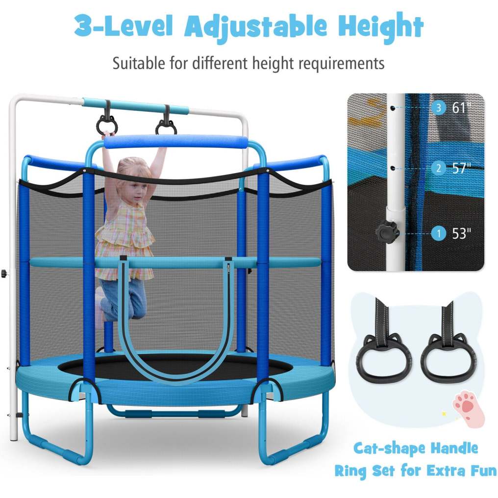 60" Mini Kids Trampoline, ASTM Approved Indoor Outdoor Toddler Trampoline with Swinging Rings, Adjustable Horizontal Bar & Safety Enclosure Net