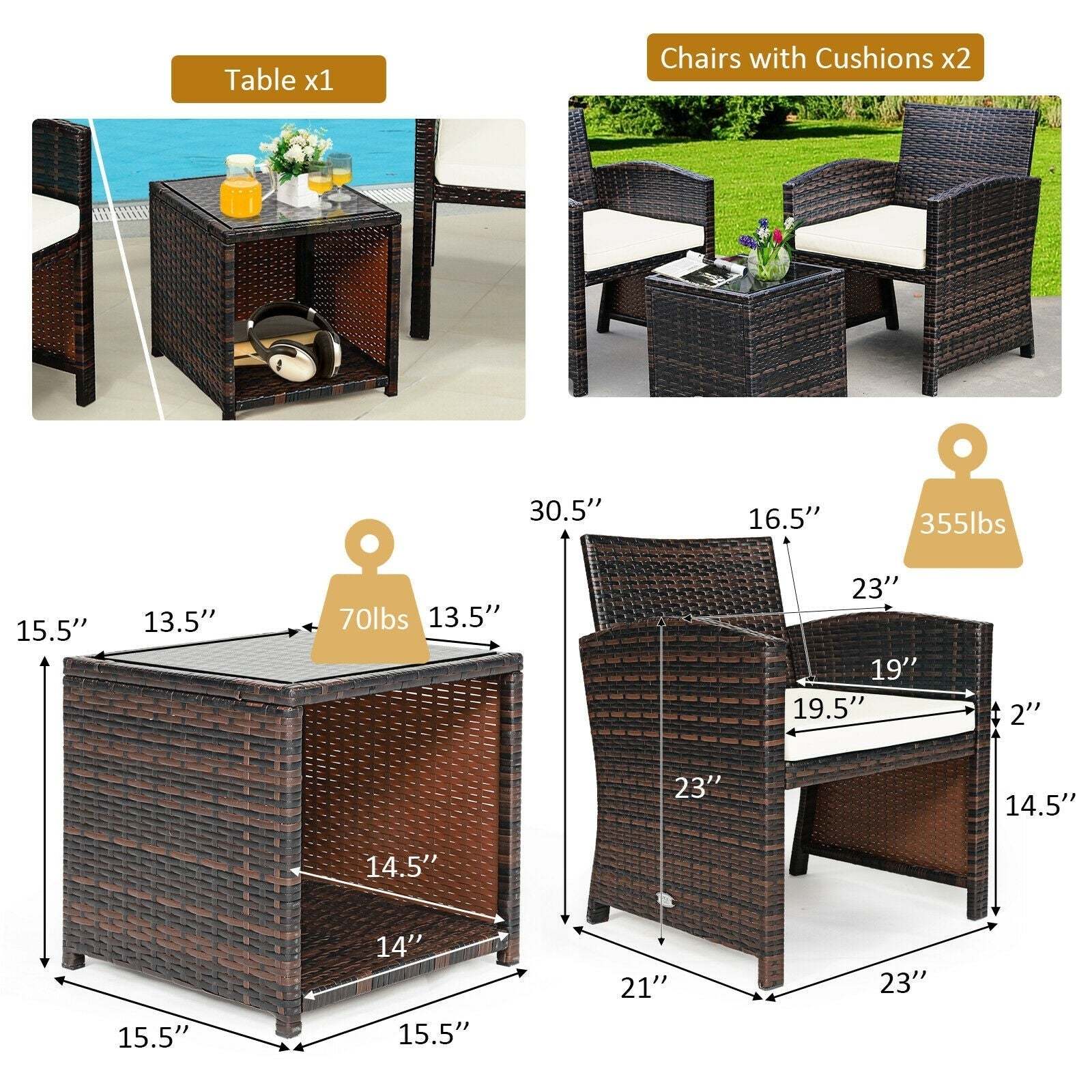 3 Pieces Outdoor PE Rattan Furniture Set with Cushion Chair and Coffee Table
