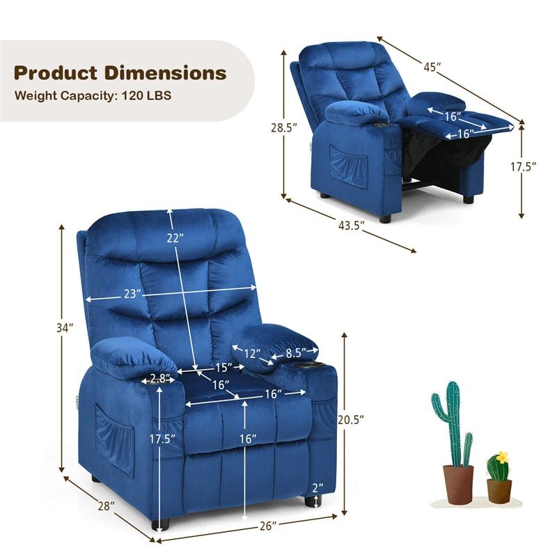 Kids Recliner Chair, Adjustable Velvet Recliner with Footrest, 2 Cup Holders & Side Pockets, Ergonomic Toddler Recliner Sofa for Boys Girls Room