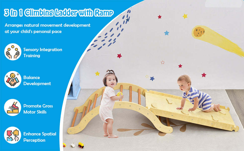 3-in-1 Toddlers Climbing Toys Montessori Wooden Arch Climber Ladder Rocker with Ramp & Padding
