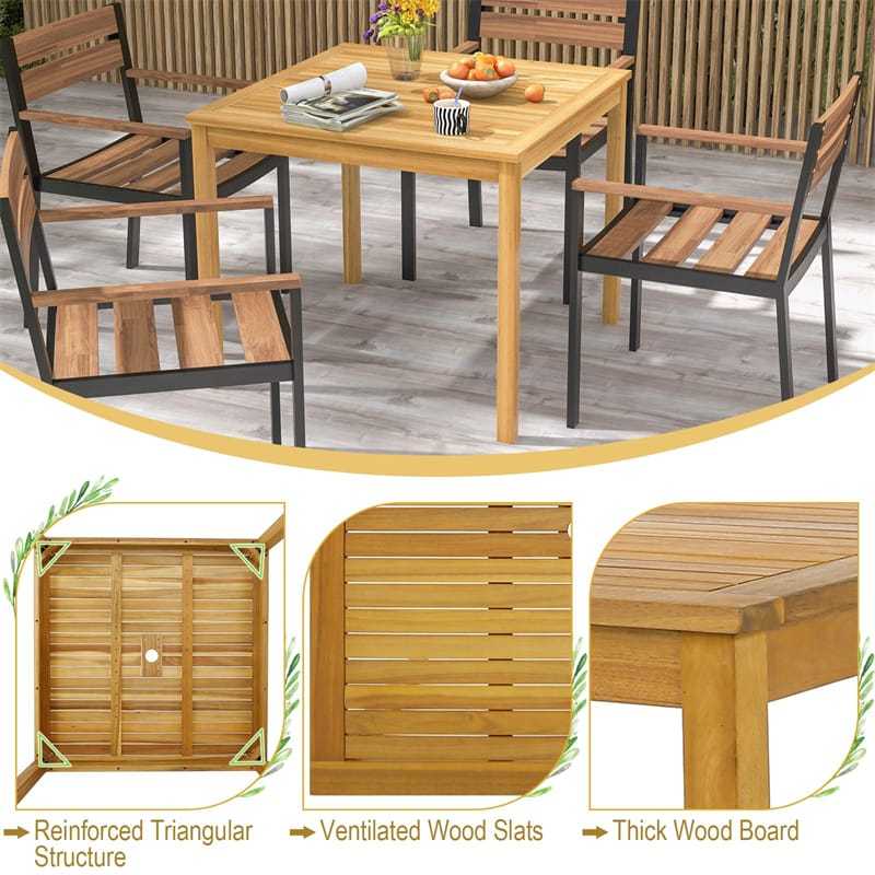 4-Person Square Acacia Wood Dining Table, Farmhouse Outdoor Bistro Table with 1.9" Umbrella Hole for Patio, Yard, Deck & Lawn