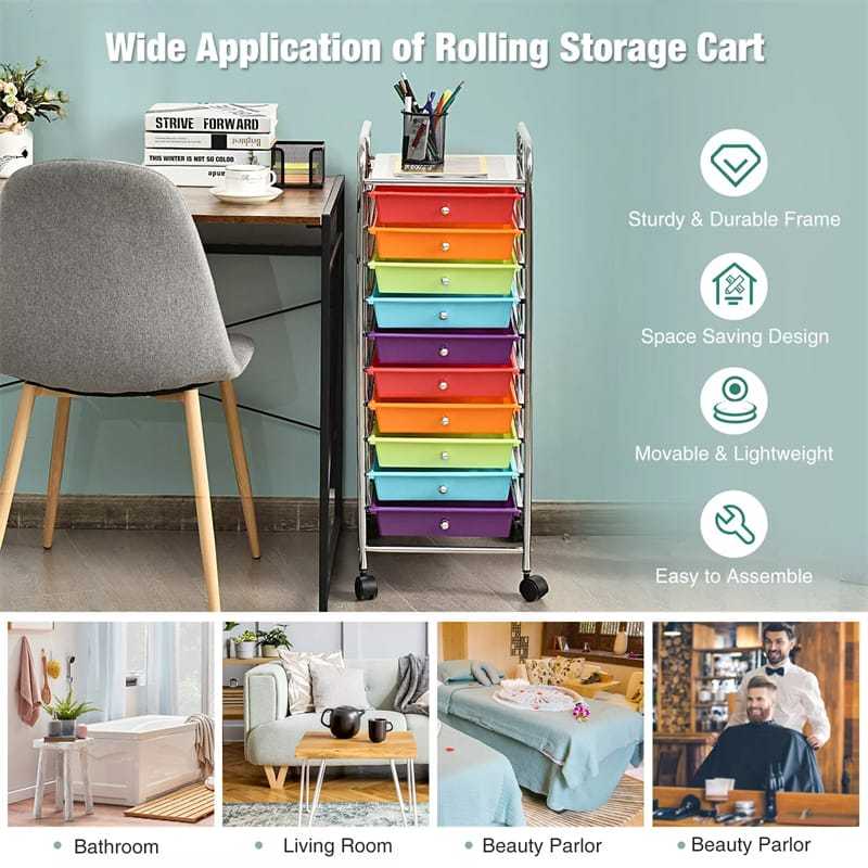 10-Drawer Rolling Storage Cart, Utility Cart with Drawers & Lockable Wheels, Mobile Art Craft Drawer Cart for Home Office, School