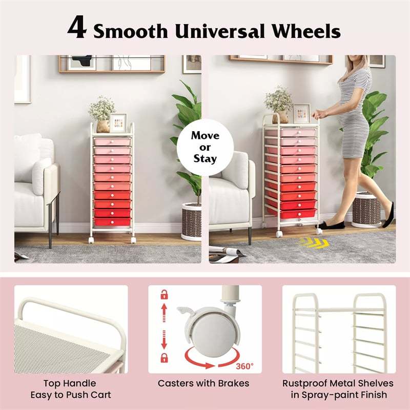 10-Drawer Rolling Storage Cart, Utility Cart with Drawers & Lockable Wheels, Mobile Art Craft Drawer Cart for Home Office, School