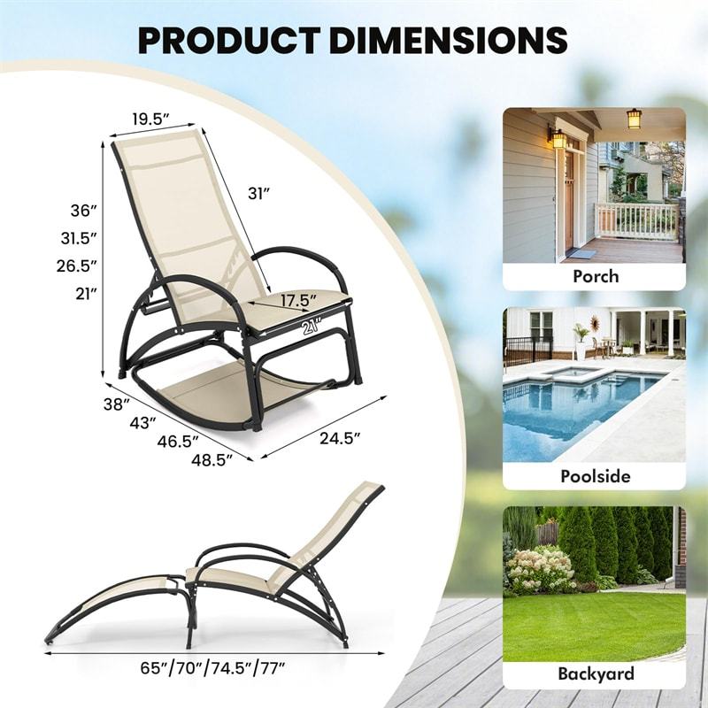 2-in-1 Outdoor Rocking Chair, Convertible Patio Lounge Chair with 4-Position Adjustable Backrest, Curved Armrests & Aluminum Frame for Poolside, Porch