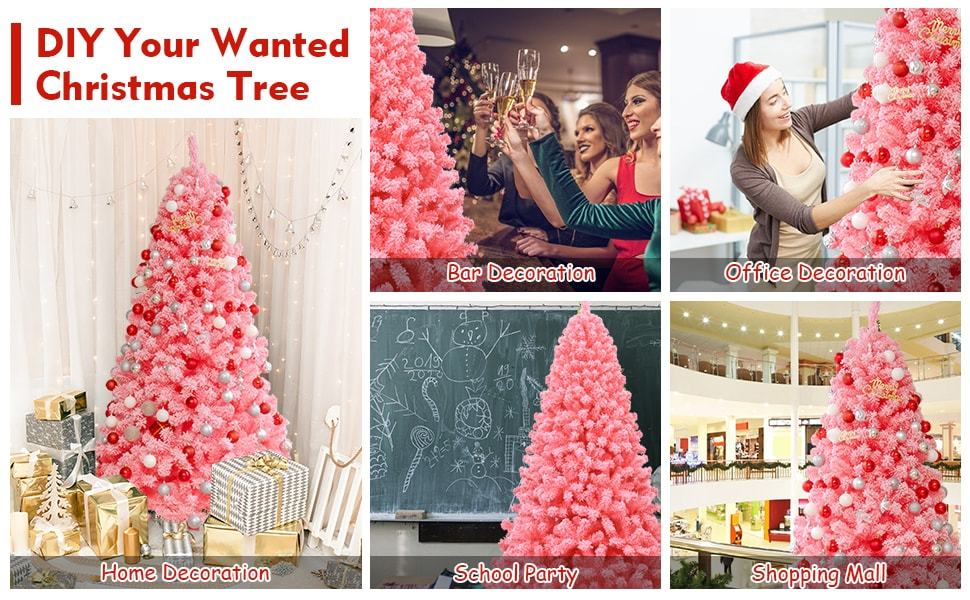 Pink Pre-lit Hinged Flocked Artificial Christmas Tree w/ 348 PVC Tips Metal Stand